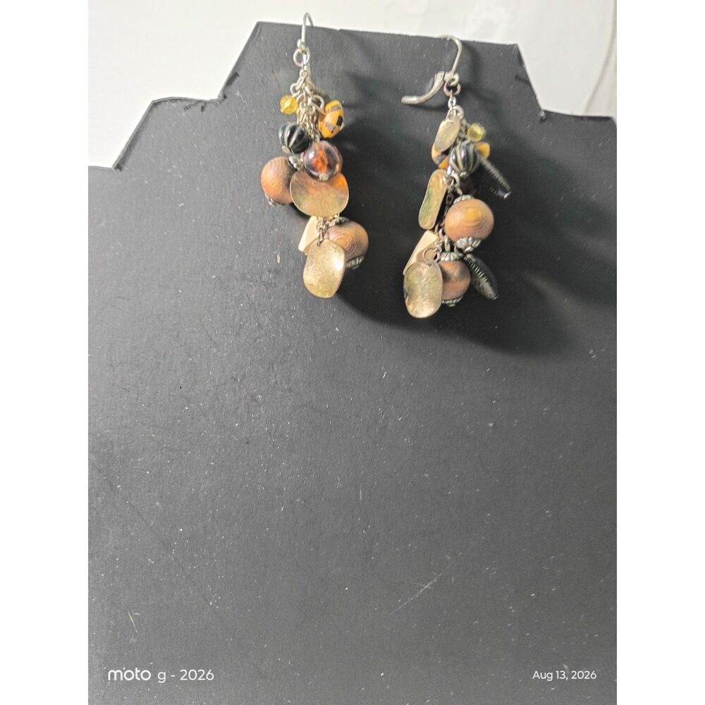 Brown Amber Cluster Drop Earrings Earth Tone Leaf Bead Dangle Jewelry